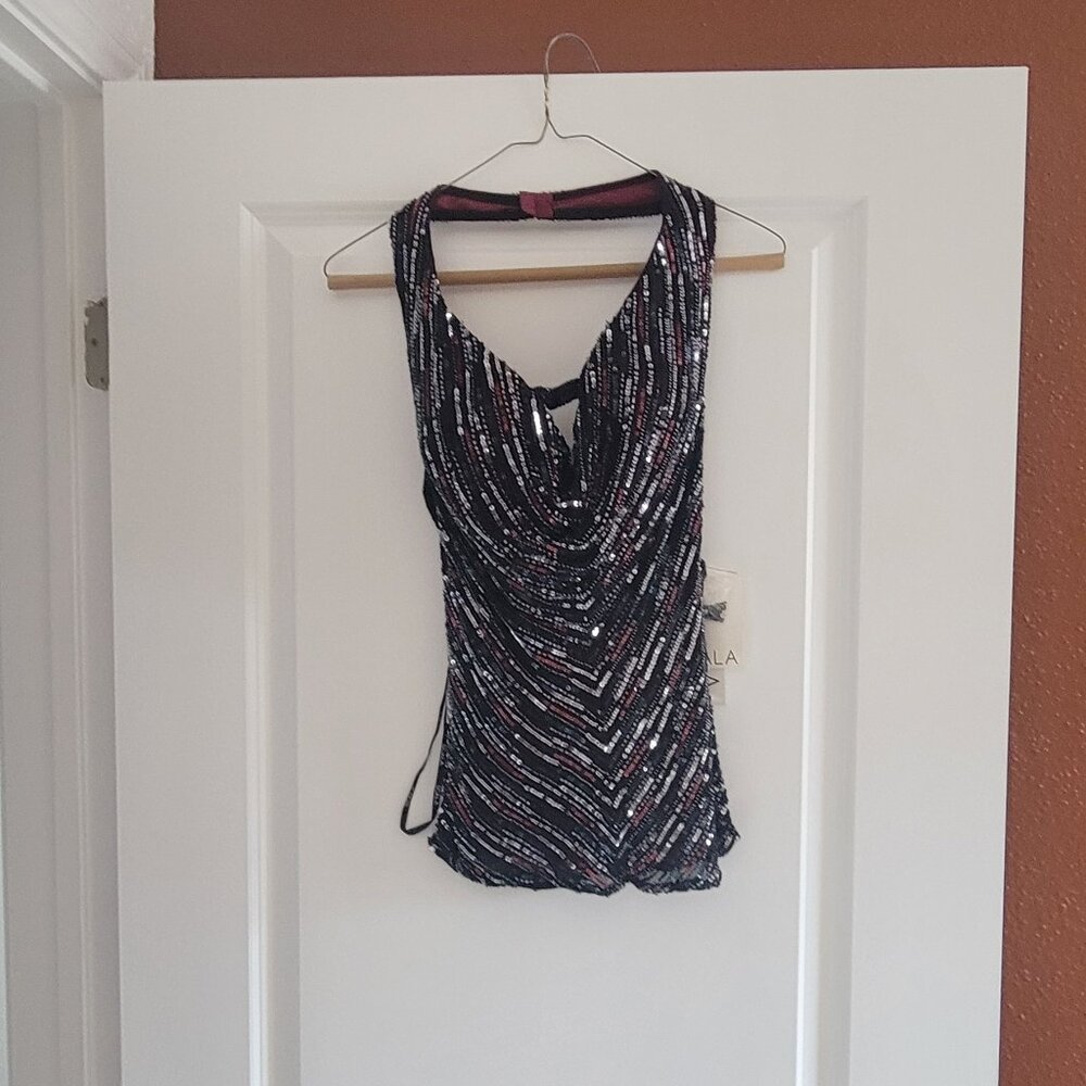 Scala Cocktail top with sequins and open back